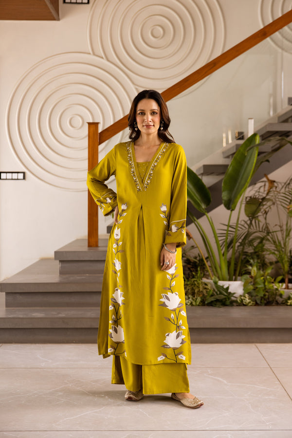 Nehamta Women's Mustard German Rayon Kurta & Palazzo Set