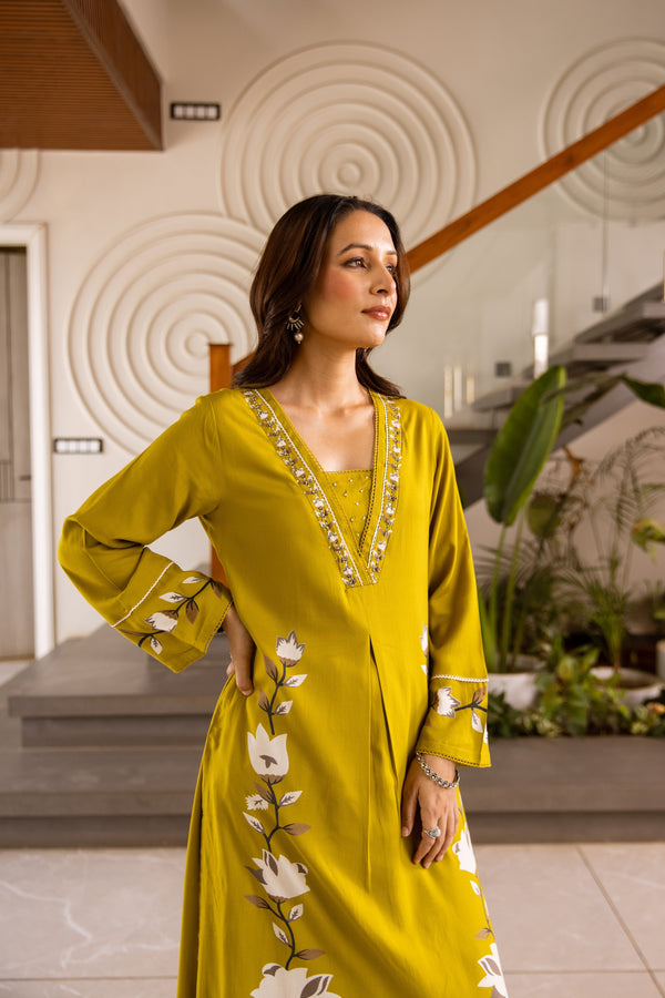 Nehamta Women's Mustard German Rayon Kurta & Palazzo Set