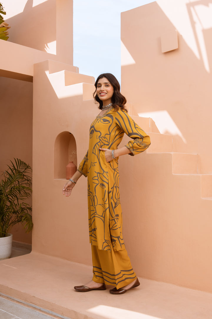 Women's Mustard German Rayon Kurta & Palazzo Set