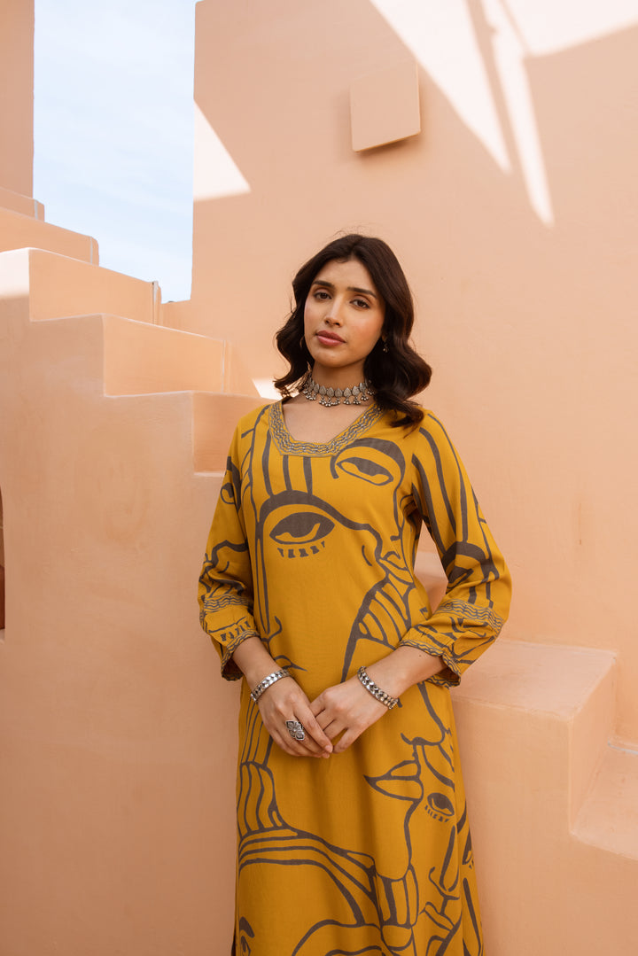 Women's Mustard German Rayon Kurta & Palazzo Set
