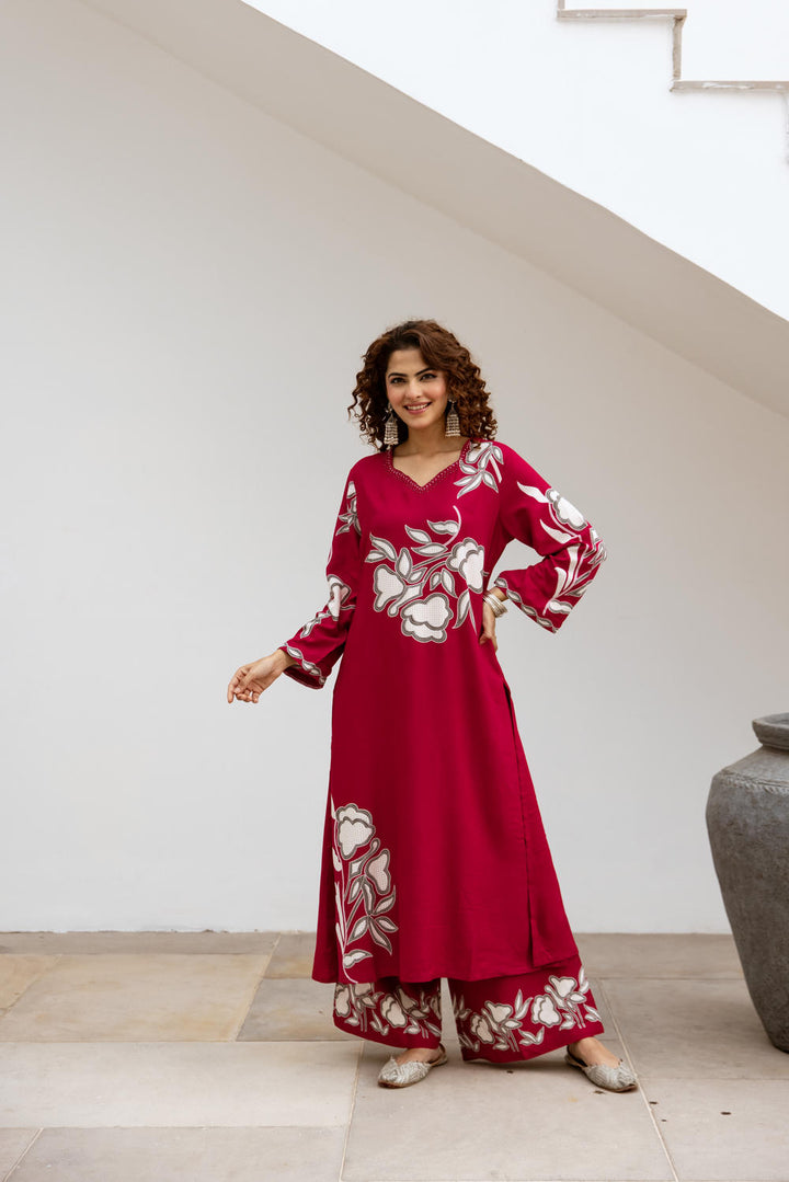 Nehamta Women's Red German Rayon Kurta & Palazzo Set