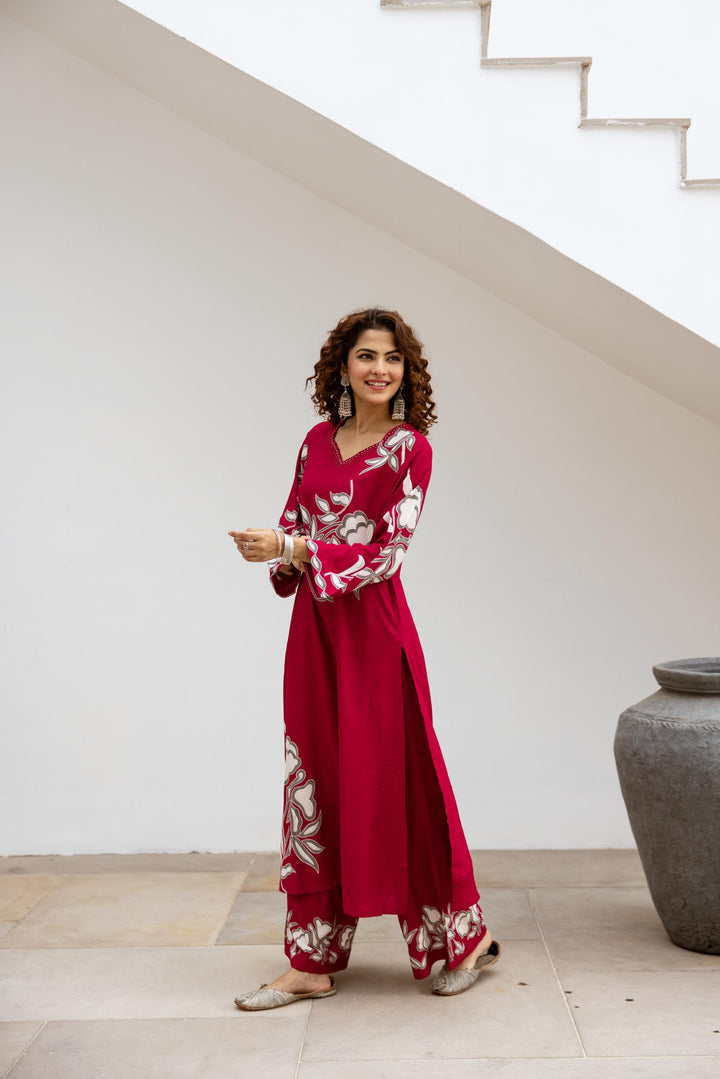 Nehamta Women's Red German Rayon Kurta & Palazzo Set