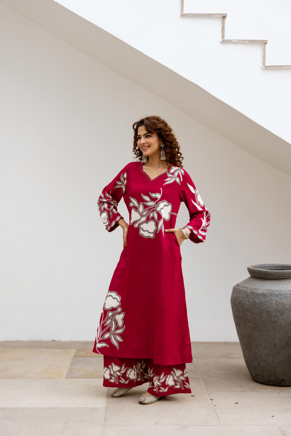 Nehamta Women's Red German Rayon Kurta & Palazzo Set