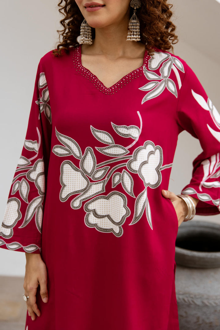 Nehamta Women's Red German Rayon Kurta & Palazzo Set