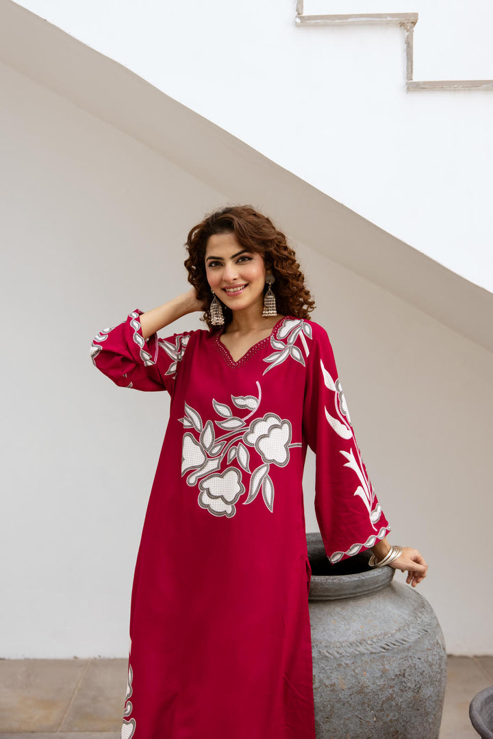 Nehamta Women's Red German Rayon Kurta & Palazzo Set