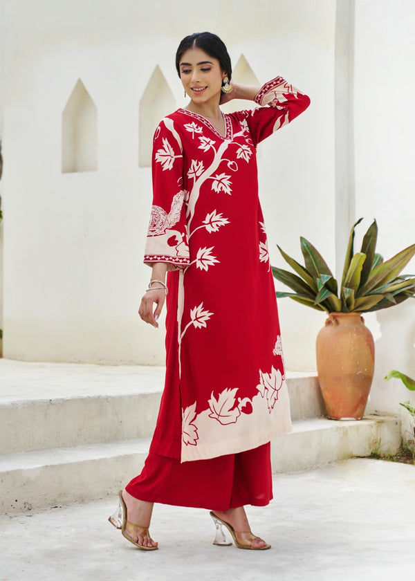 Nehamta Women's Red German rayon Kurta, Palazzo Set