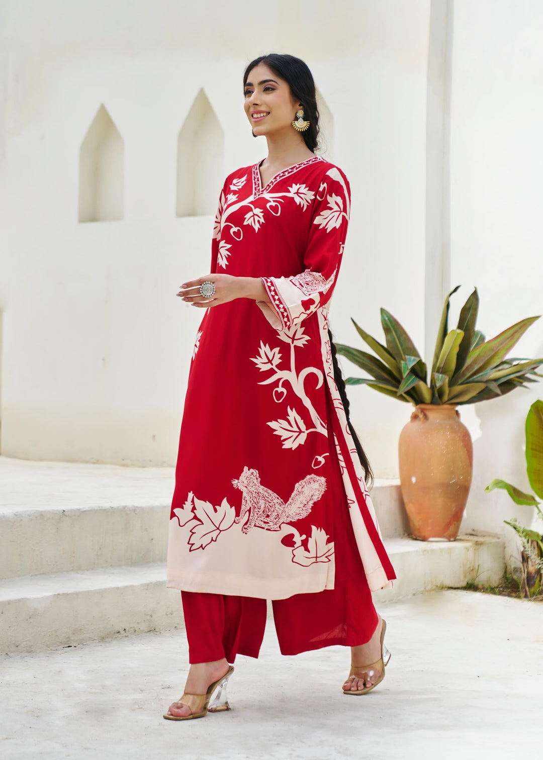 Bimba Women's Summer Rayon Kurta Kurti - 3/4 Sleeve Casual Tunic (Red)
