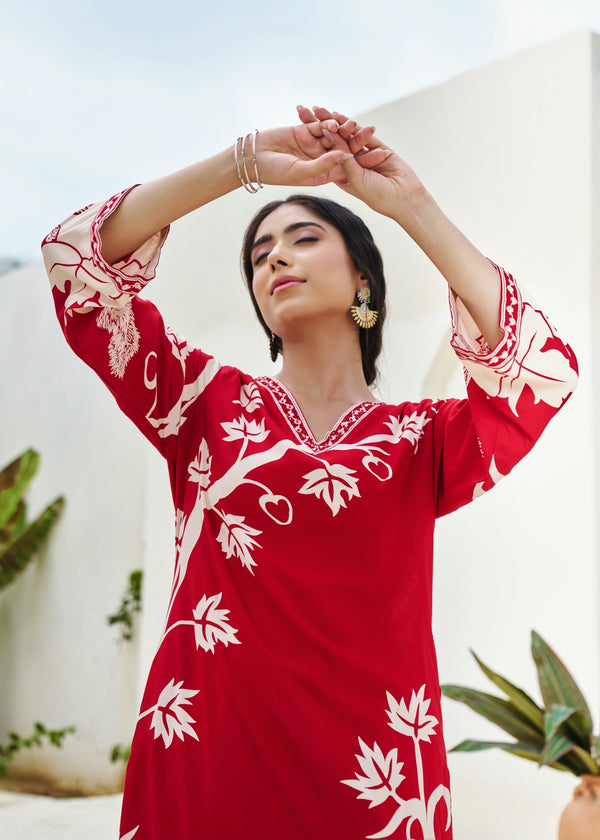 Nehamta Women's Red German rayon Kurta, Palazzo Set