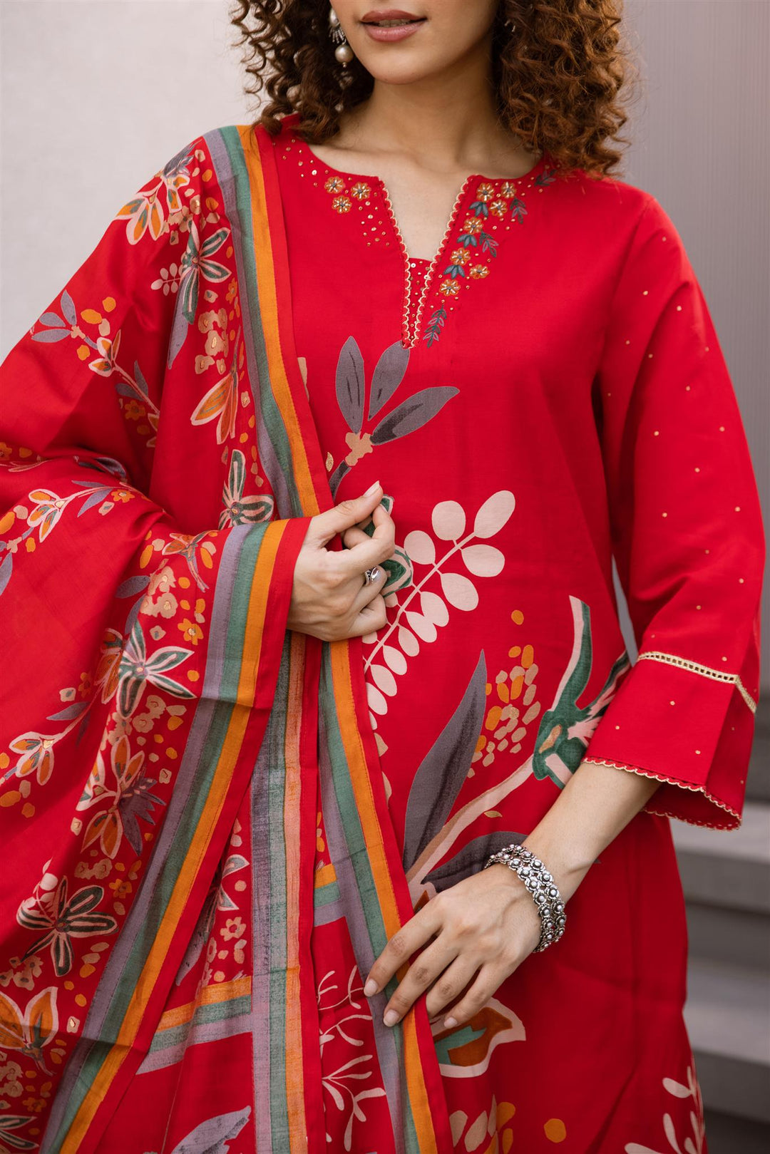 Ishin Women's Red Embroidered Cotton Kurta Set - A-Line Kurta With Trouser & Dupatta (Medium)