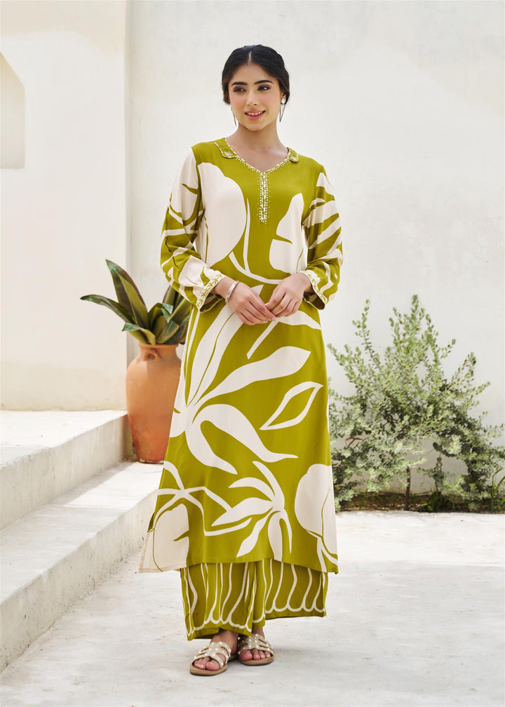 Nehamta Women's Olive Green German Rayon Kurta & Palazzo Set