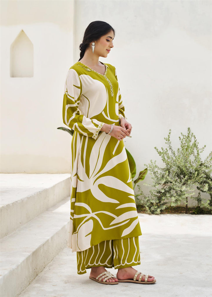 Nehamta Women's Olive Green German Rayon Kurta & Palazzo Set
