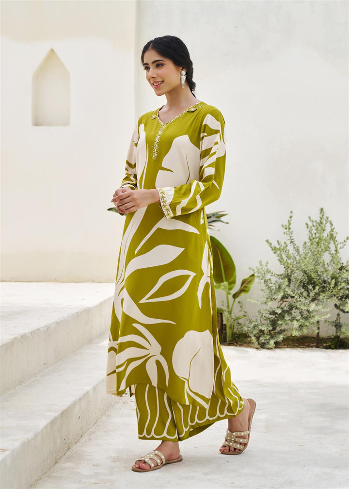 Nehamta Women's Olive Green German Rayon Kurta & Palazzo Set