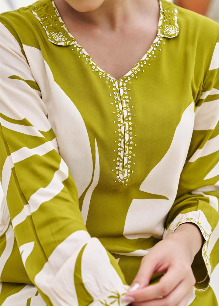 Nehamta Women's Olive Green German Rayon Kurta & Palazzo Set