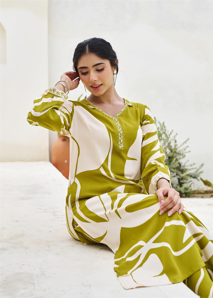 Nehamta Women's Olive Green German Rayon Kurta & Palazzo Set