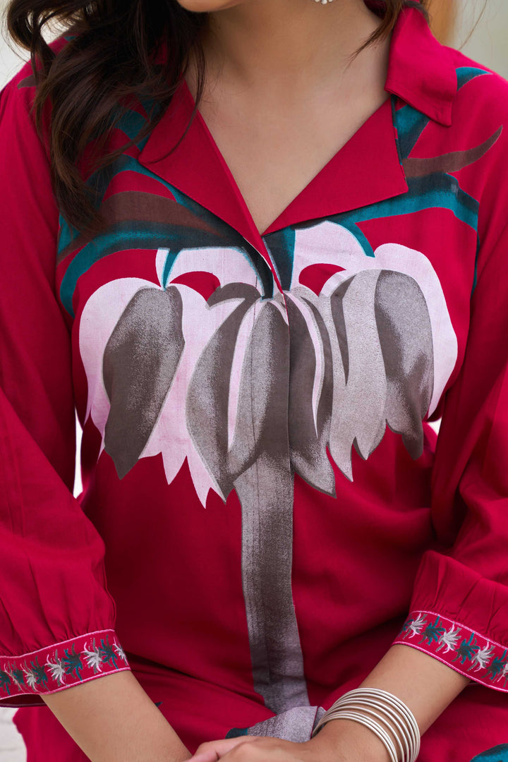 Nehamta Women's Rani Pink Viscose Rayon Short Kurta With Pant