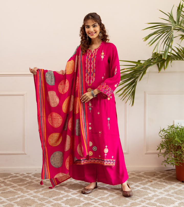 Nehamta Women's Rani Pink Modal Muslin Kurta, Palazzo & Dupatta Set