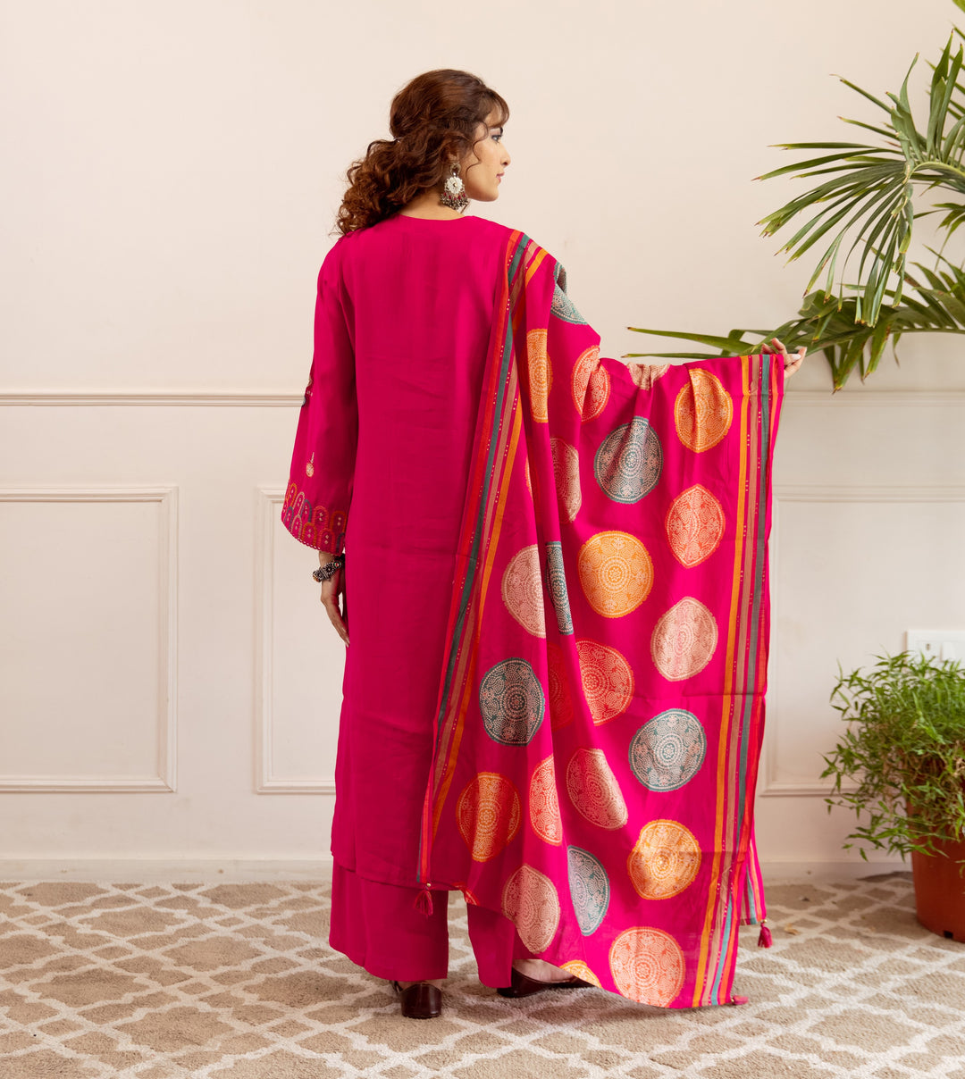 Nehamta Women's Rani Pink Modal Muslin Kurta, Palazzo & Dupatta Set