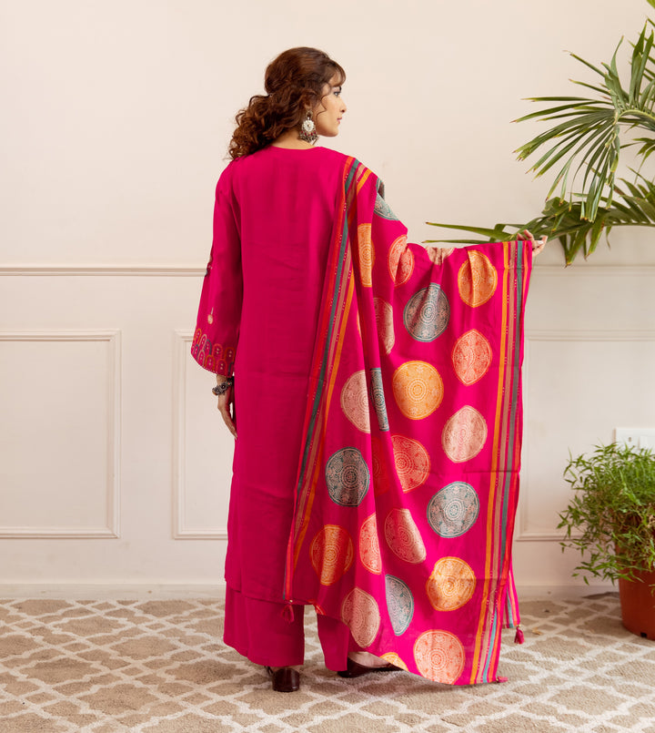 Nehamta Women's Rani Pink Modal Muslin Kurta, Palazzo & Dupatta Set