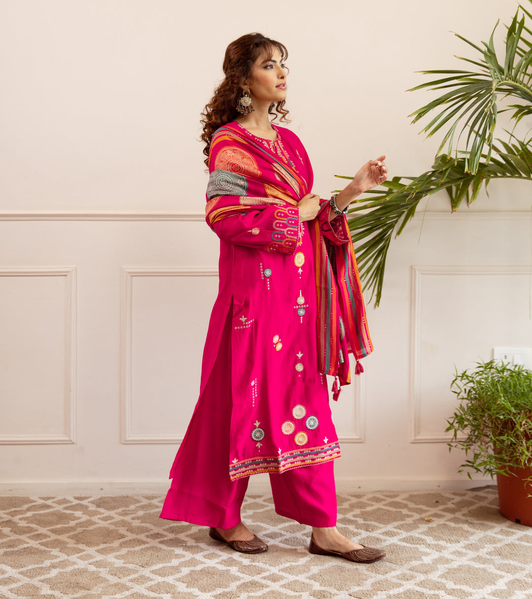 Nehamta Women's Rani Pink Modal Muslin Kurta, Palazzo & Dupatta Set