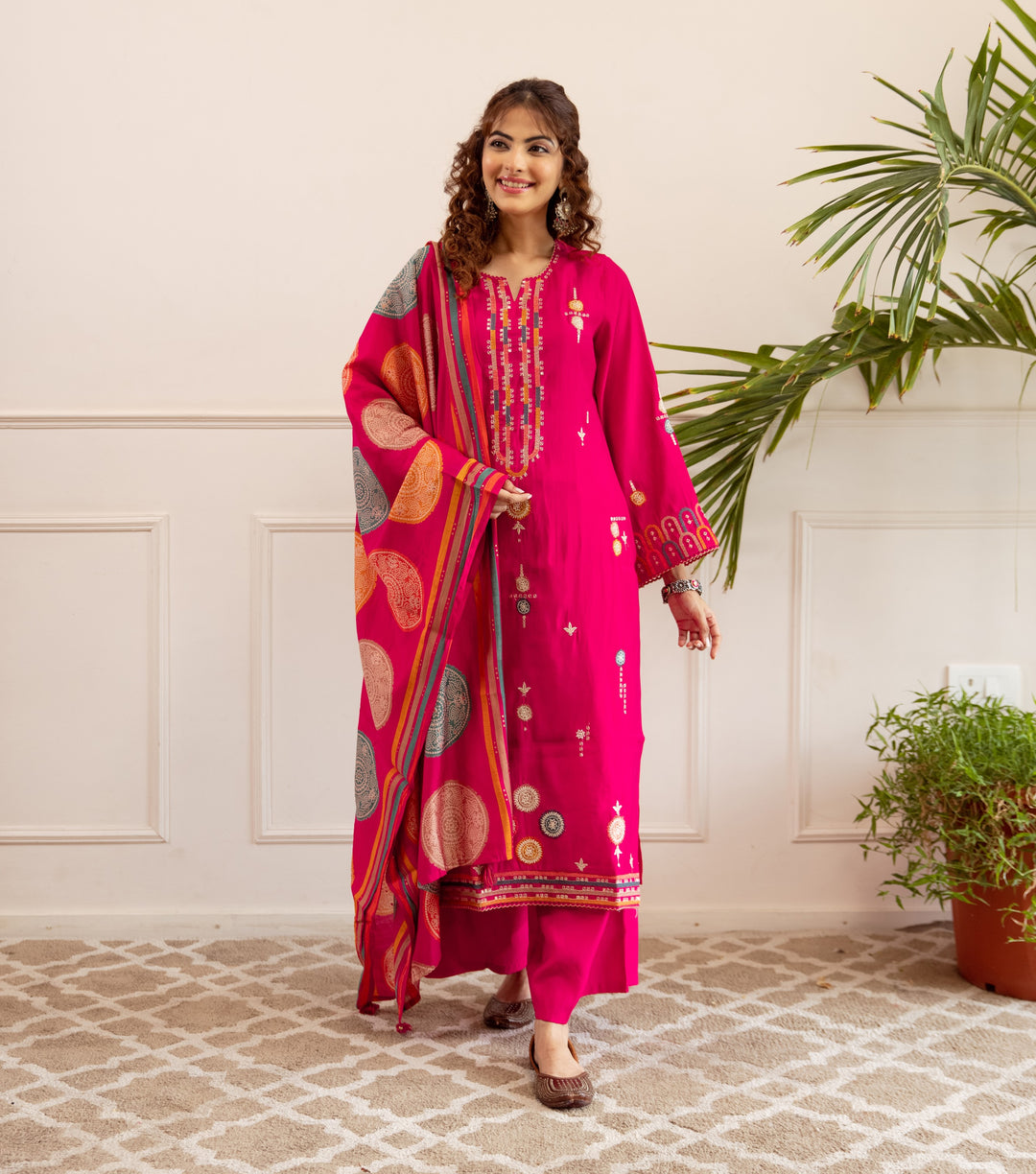 Nehamta Women's Rani Pink Modal Muslin Kurta, Palazzo & Dupatta Set