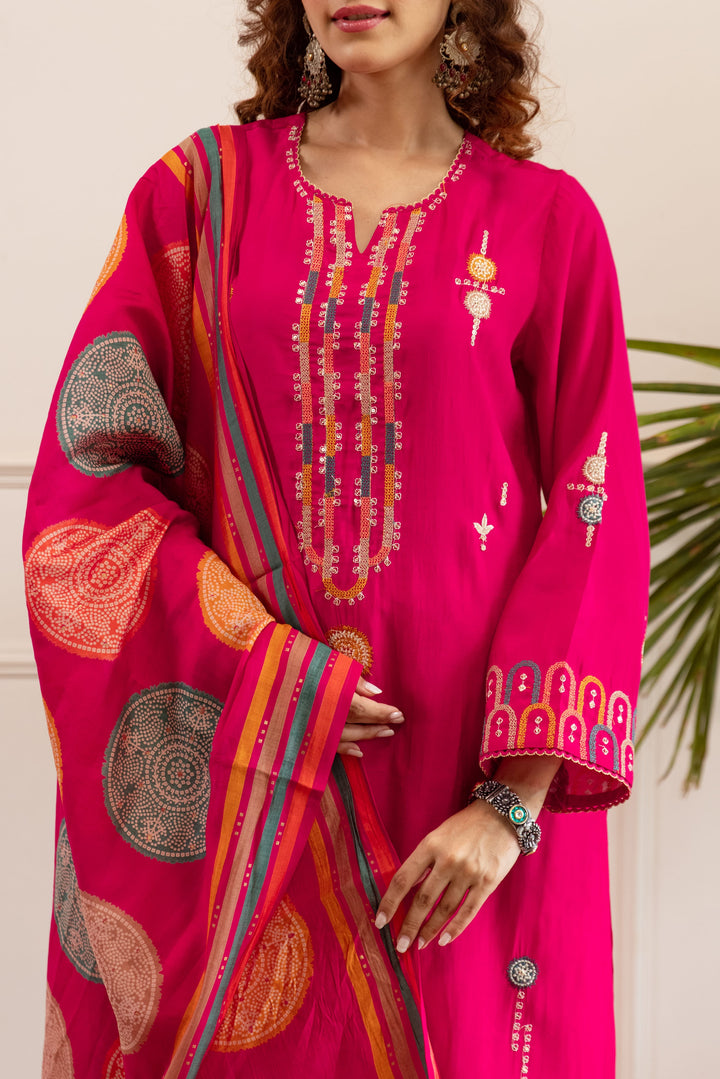 Nehamta Women's Rani Pink Modal Muslin Kurta, Palazzo & Dupatta Set