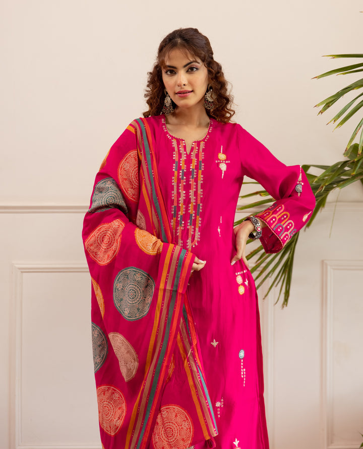 Nehamta Women's Rani Pink Modal Muslin Kurta, Palazzo & Dupatta Set