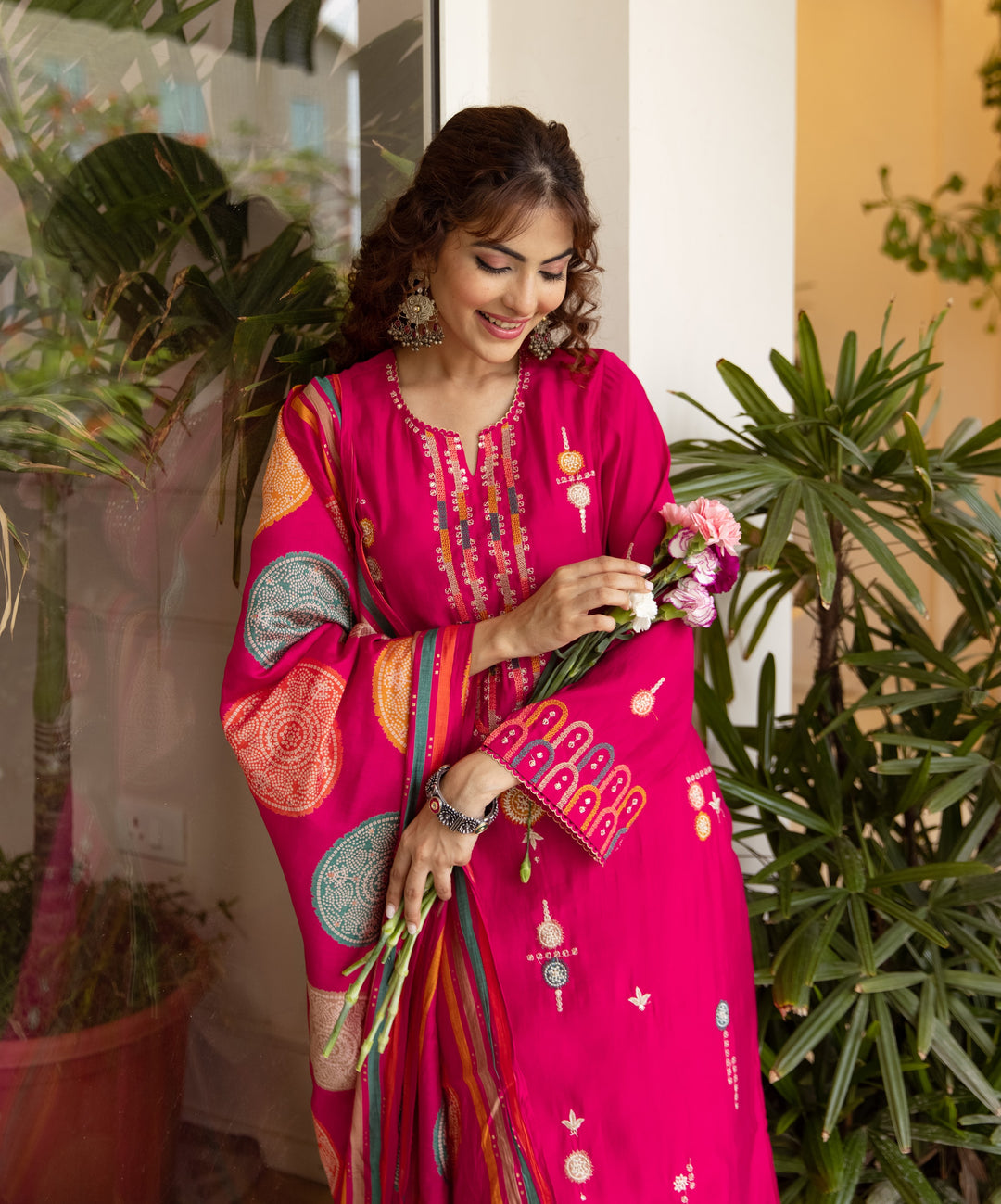 Nehamta Women's Rani Pink Modal Muslin Kurta, Palazzo & Dupatta Set