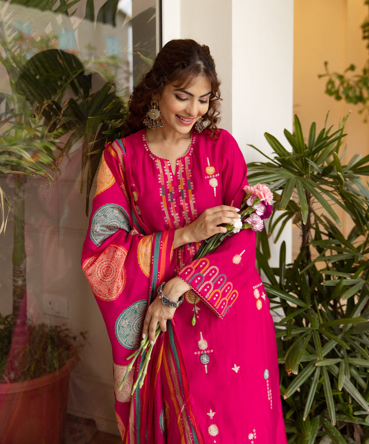 Nehamta Women's Rani Pink Modal Muslin Kurta, Palazzo & Dupatta Set