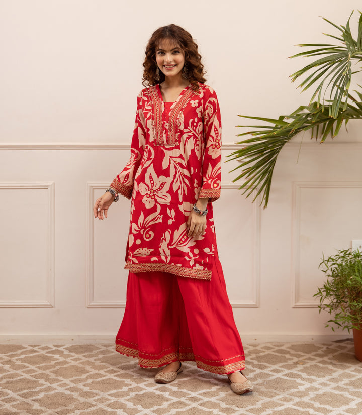 Nehamta Women's Red Modal Muslin Short Kurta With Palazzo