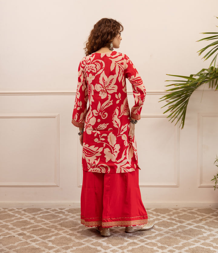 Nehamta Women's Red Modal Muslin Short Kurta With Palazzo