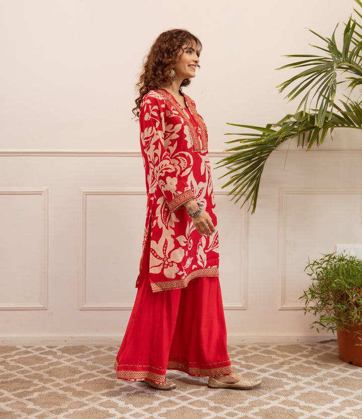 Nehamta Women's Red Modal Muslin Short Kurta With Palazzo