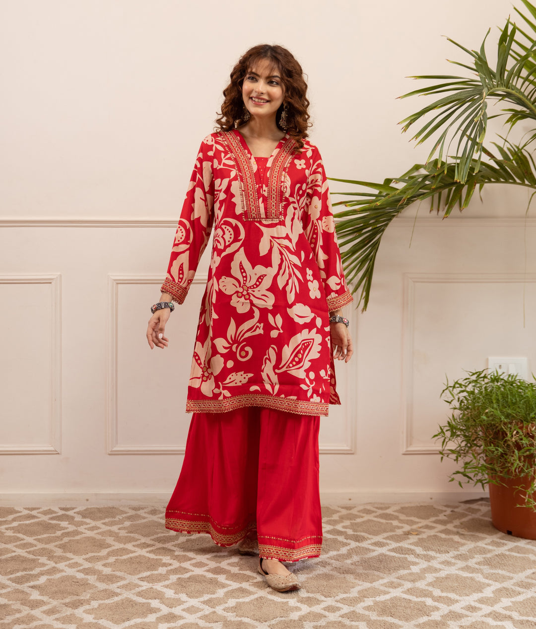 Nehamta Women's Red Modal Muslin Short Kurta With Palazzo