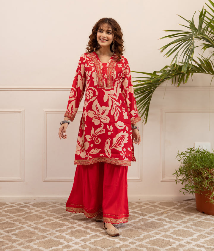 Nehamta Women's Red Modal Muslin Short Kurta With Palazzo