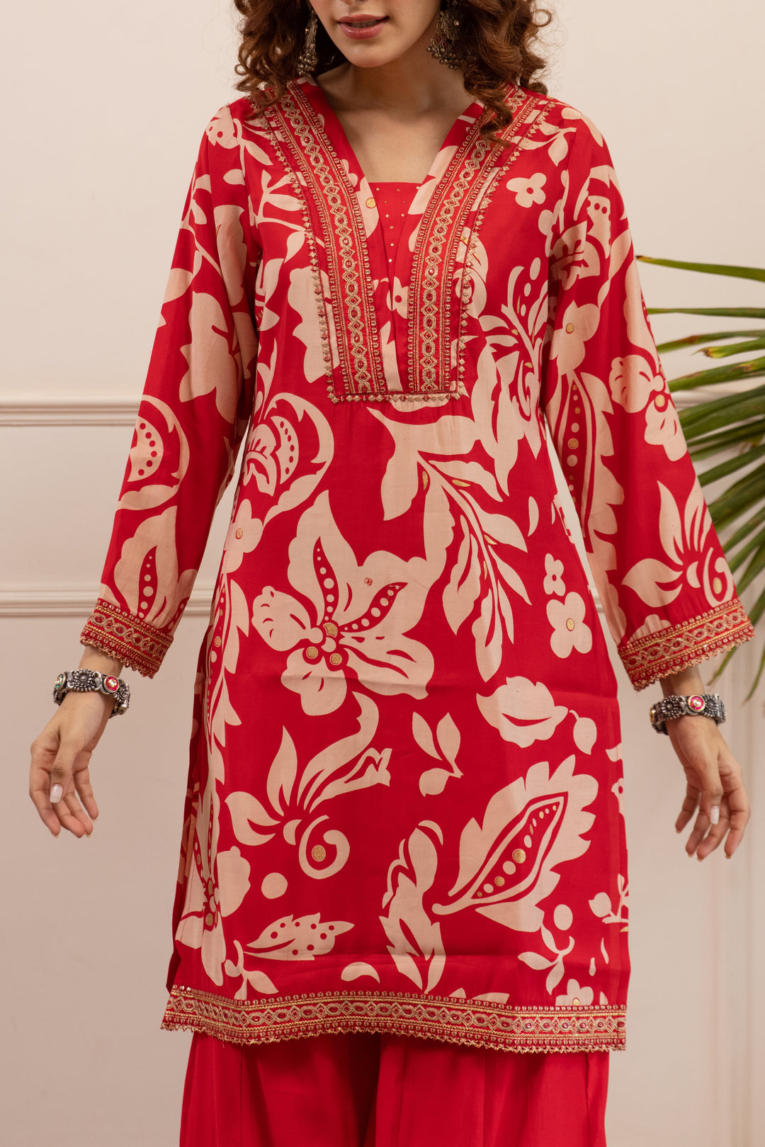 Nehamta Women's Red Modal Muslin Short Kurta With Palazzo