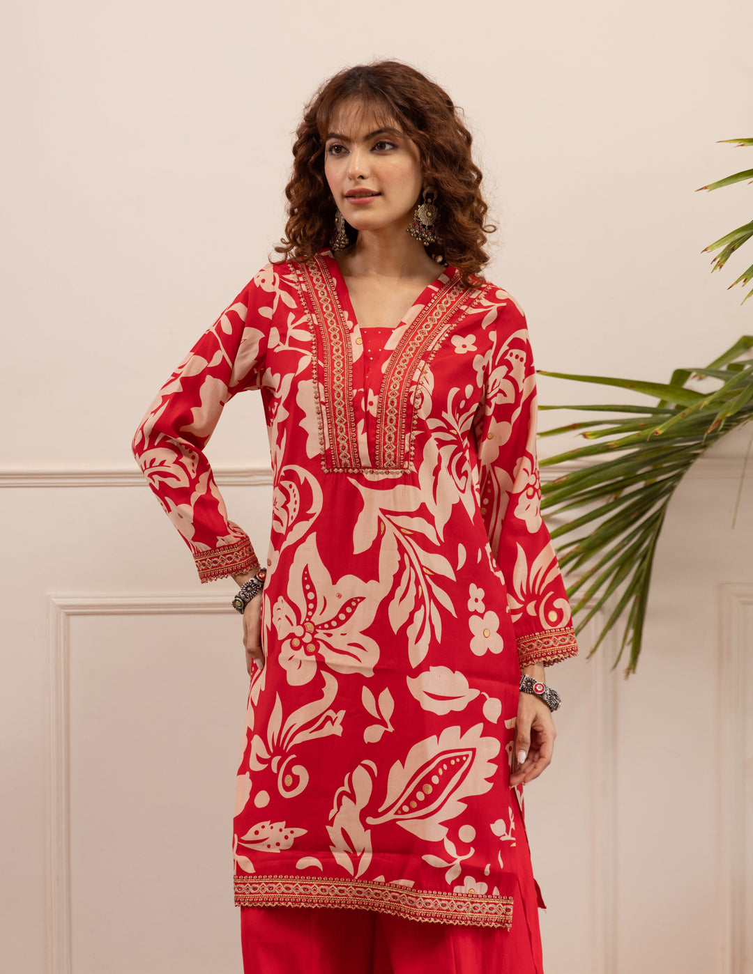 Nehamta Women's Red Modal Muslin Short Kurta With Palazzo