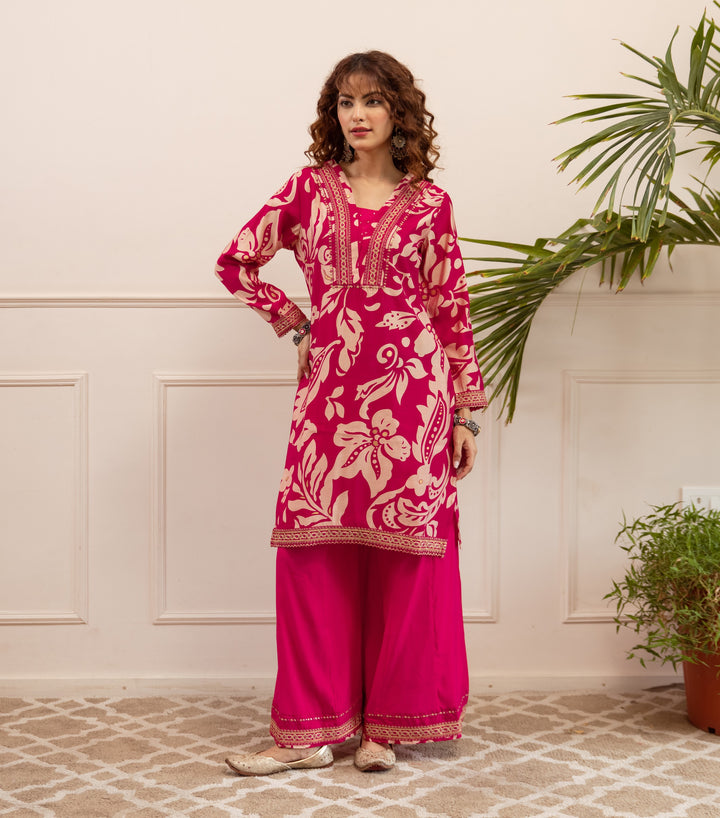 Nehamta Women's Rani Pink Modal Muslin Short Kurta With Palazzo