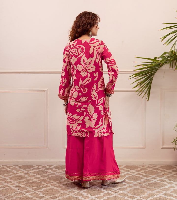 Nehamta Women's Rani Pink Modal Muslin Short Kurta With Palazzo