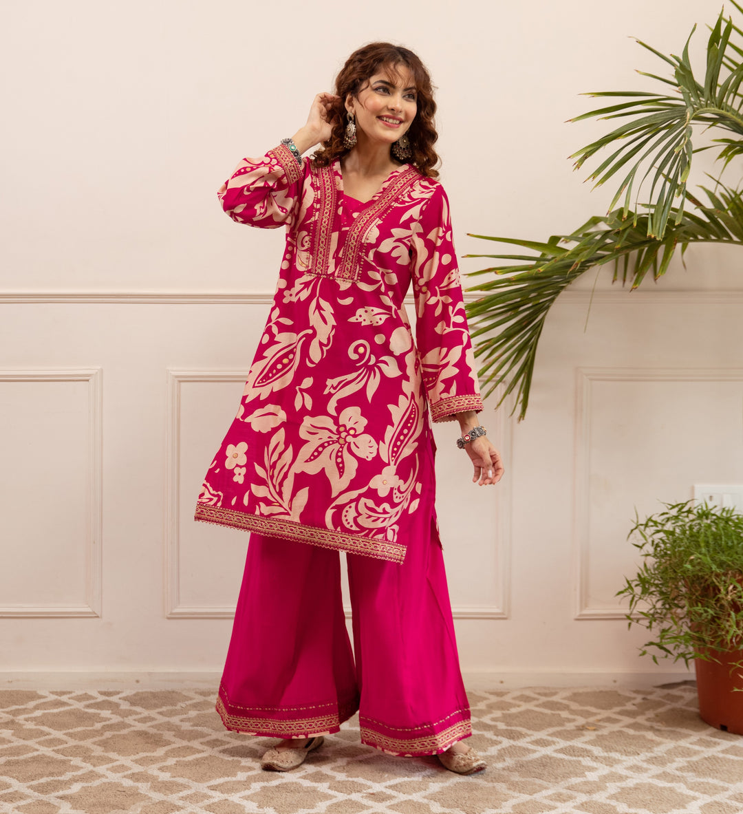 Nehamta Women's Rani Pink Modal Muslin Short Kurta With Palazzo