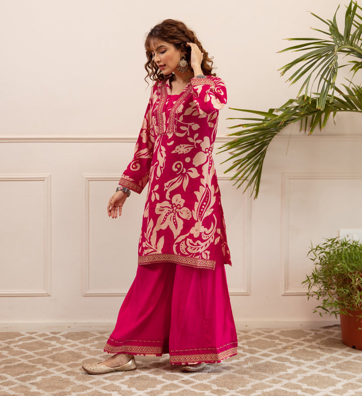 Nehamta Women's Rani Pink Modal Muslin Short Kurta With Palazzo