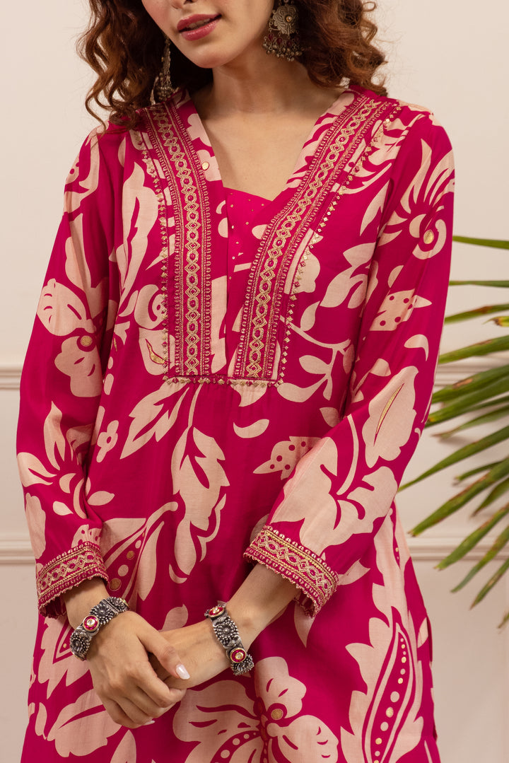 Nehamta Women's Rani Pink Modal Muslin Short Kurta With Palazzo