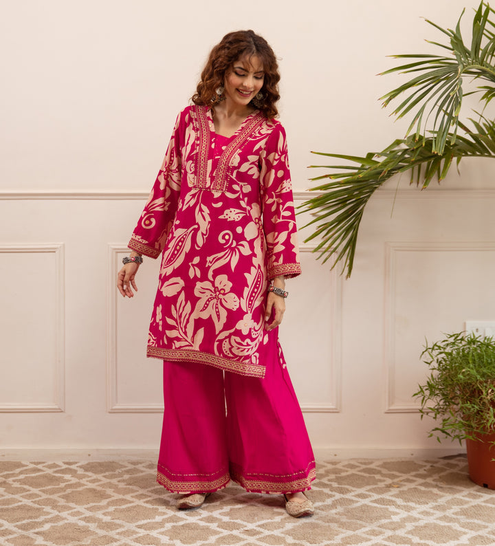 Nehamta Women's Rani Pink Modal Muslin Short Kurta With Palazzo