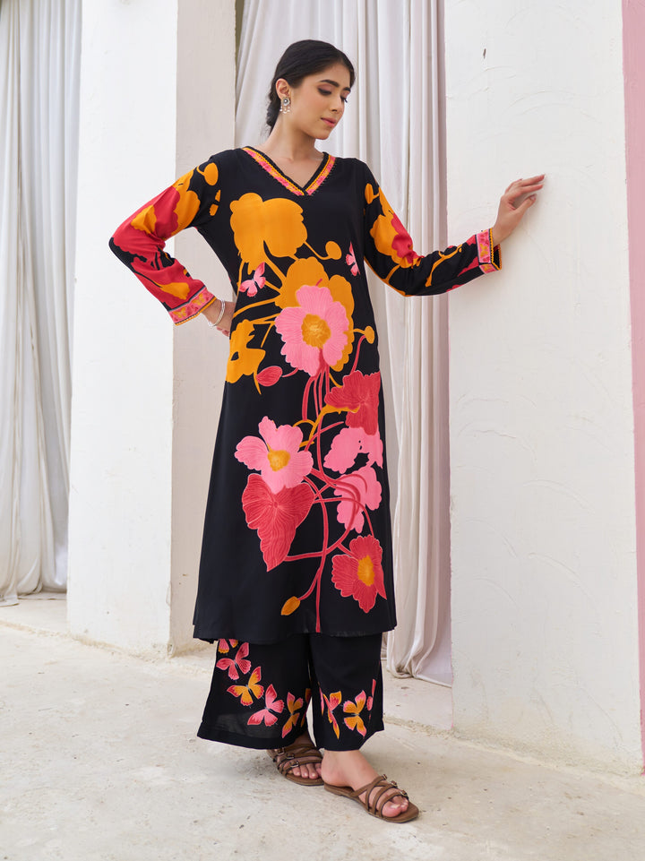 Nehamta Women's Black German Rayon Kurta With Palazzo Set