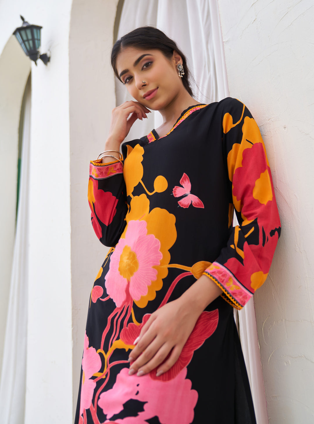 Nehamta Women's Black German Rayon Kurta With Palazzo Set