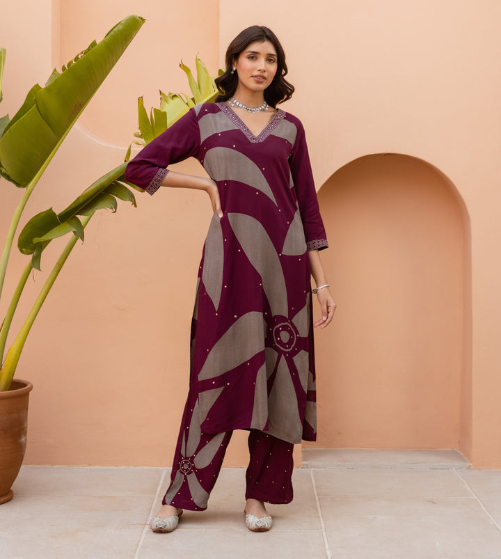 Nehamta Women's Maroon German Rayon Kurta & Palazzo Set
