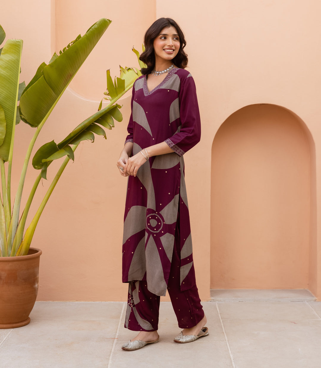 Nehamta Women's Maroon German Rayon Kurta & Palazzo Set