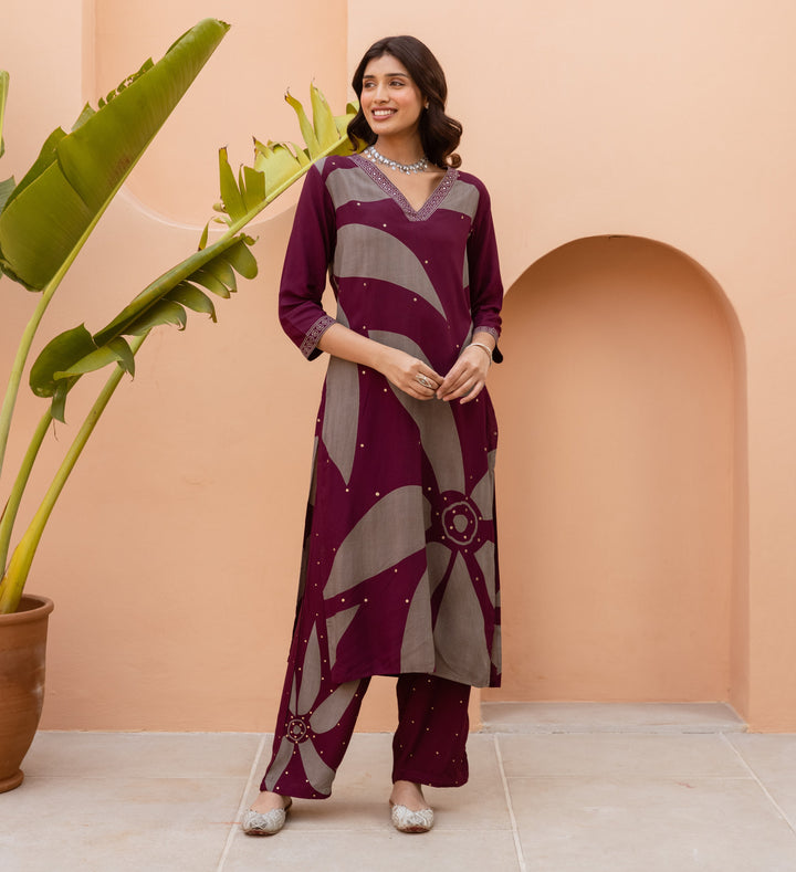 Nehamta Women's Maroon German Rayon Kurta & Palazzo Set