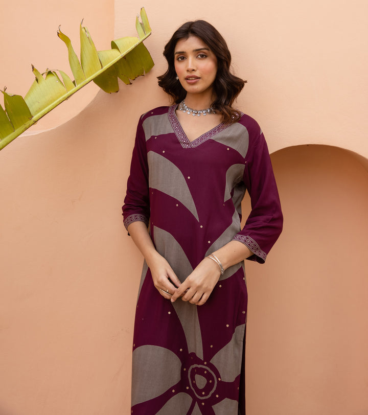 Nehamta Women's Maroon German Rayon Kurta & Palazzo Set