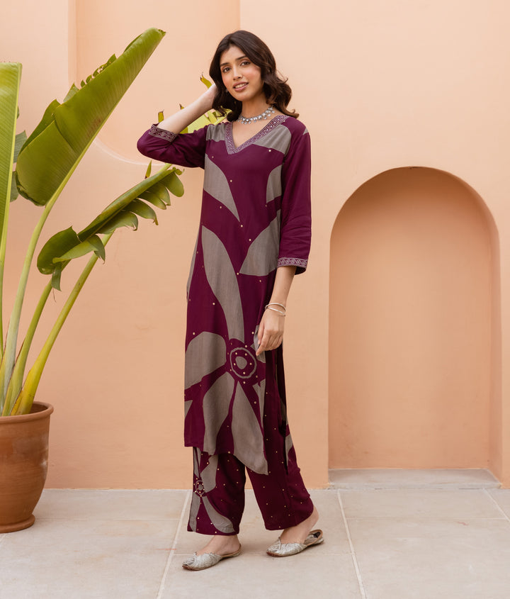 Nehamta Women's Maroon German Rayon Kurta & Palazzo Set