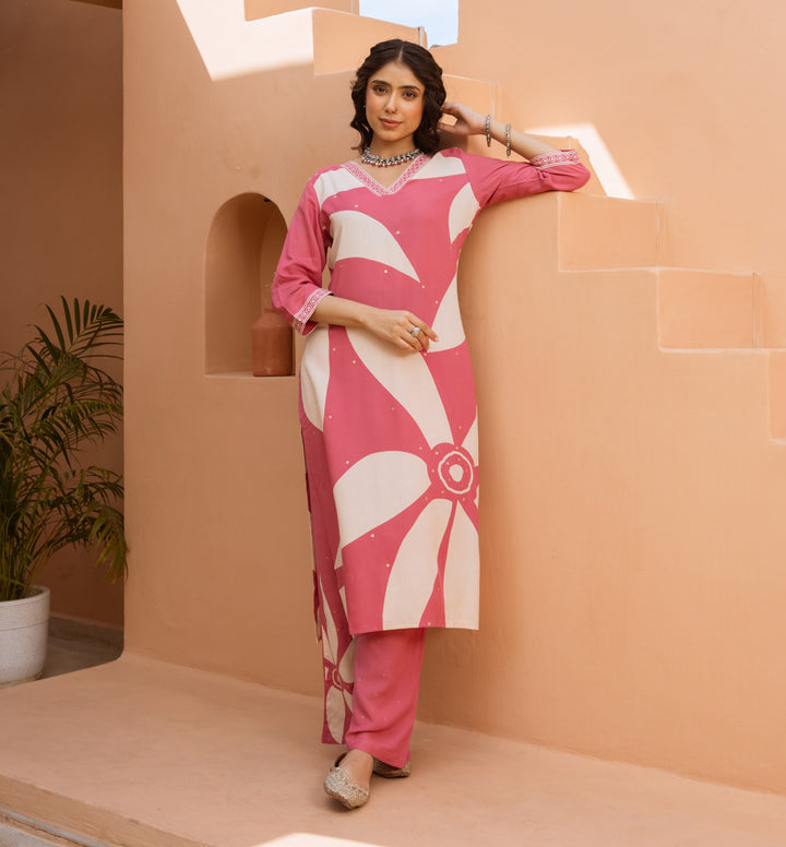 Nehamta Women's Pink German Rayon Kurta & Palazzo Set