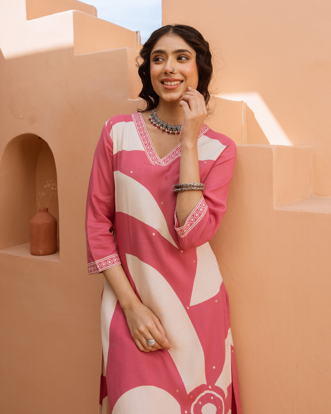 Nehamta Women's Pink German Rayon Kurta & Palazzo Set